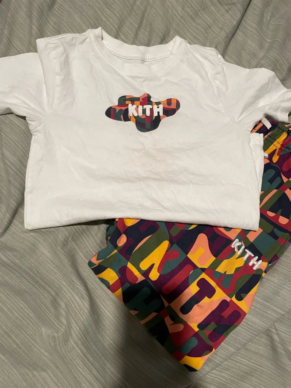 Kith White Tee with Multicolor Camo Logo and Matching Patterned Pants